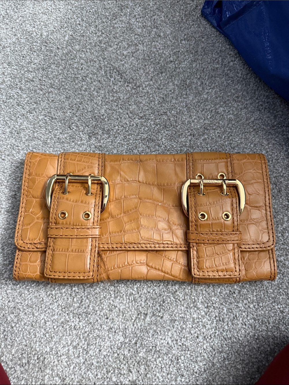 Michael Kors Croc-Embossed Tan Leather Clutch with Gold Buckles